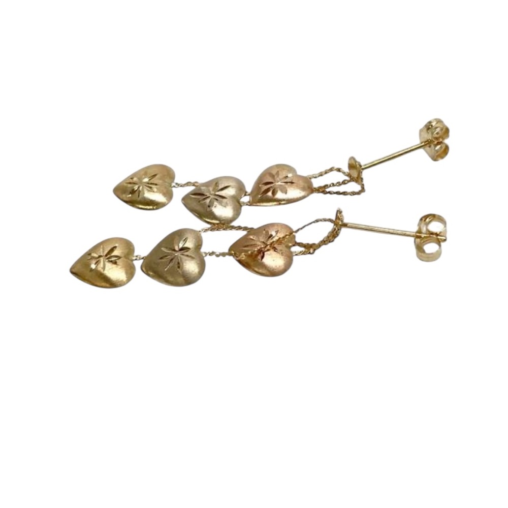 (GENTLY USED) Jacmel NYC Dainty 1” 14K Gold Tricolor 3 Heart Dangle Earrings - Picture 2 of 4